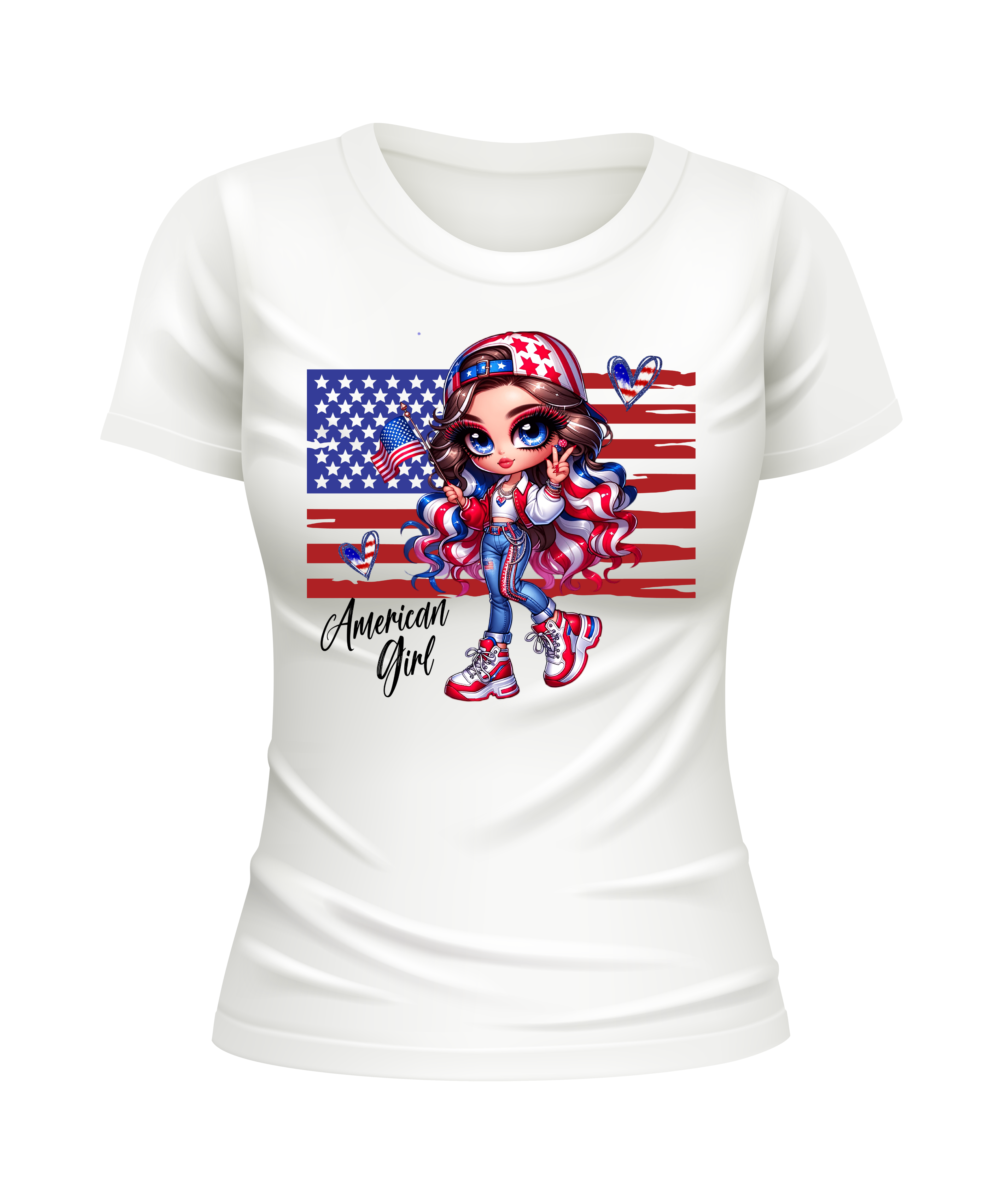 USA Flag American Girl US United States USA patriotic white t-shirt
