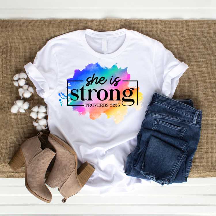 She Is Strong T Shirt - Proverbs 31:25 Ebony Fuller Shopp Christian T-shirt - For Faithful Spiritual Women - Christians White T-shirts