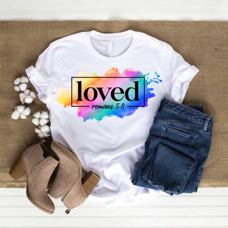 Loved T Shirt - Romans 5:8 - Ebony Fuller Shopp Christian T-shirt - For Faithful Spiritual Men & Women - Christians White Unisex T-shirts