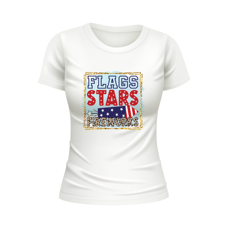Flags Stars Fireworks 4th Of July Wishes USA Patriotic White T-shirt