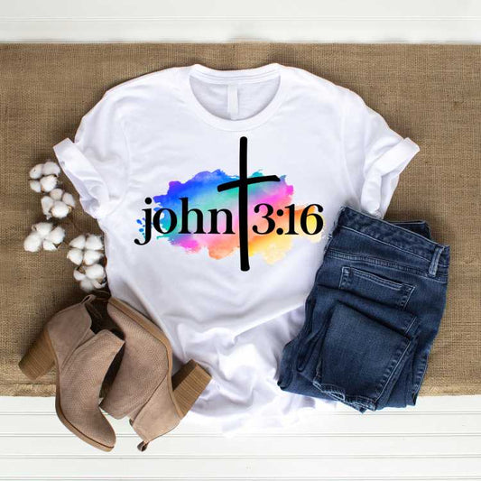 John 3:16 T Shirt - Romans 5:8 - Ebony Fuller Shopp Christian T-shirt - For Faithful Spiritual Men & Women - Christians White Unisex T-shirts