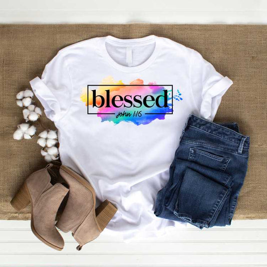 Blessed John 1:16 T Shirt - Romans 5:8 - Ebony Fuller Shopp Christian T-shirt - For Faithful Spiritual Men & Women - Christians White Unisex T-shirts