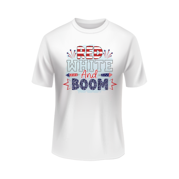 Red white and boom patriotic white t-shirt
