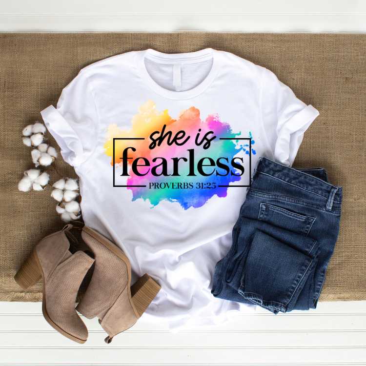 She Is Fearless T-shirt - Proverbs 31:25 T Shirt - Ebony Fuller Shopp Christian T-shirt - For Faithful Spiritual Men & Women - Christians White Unisex T-shirts